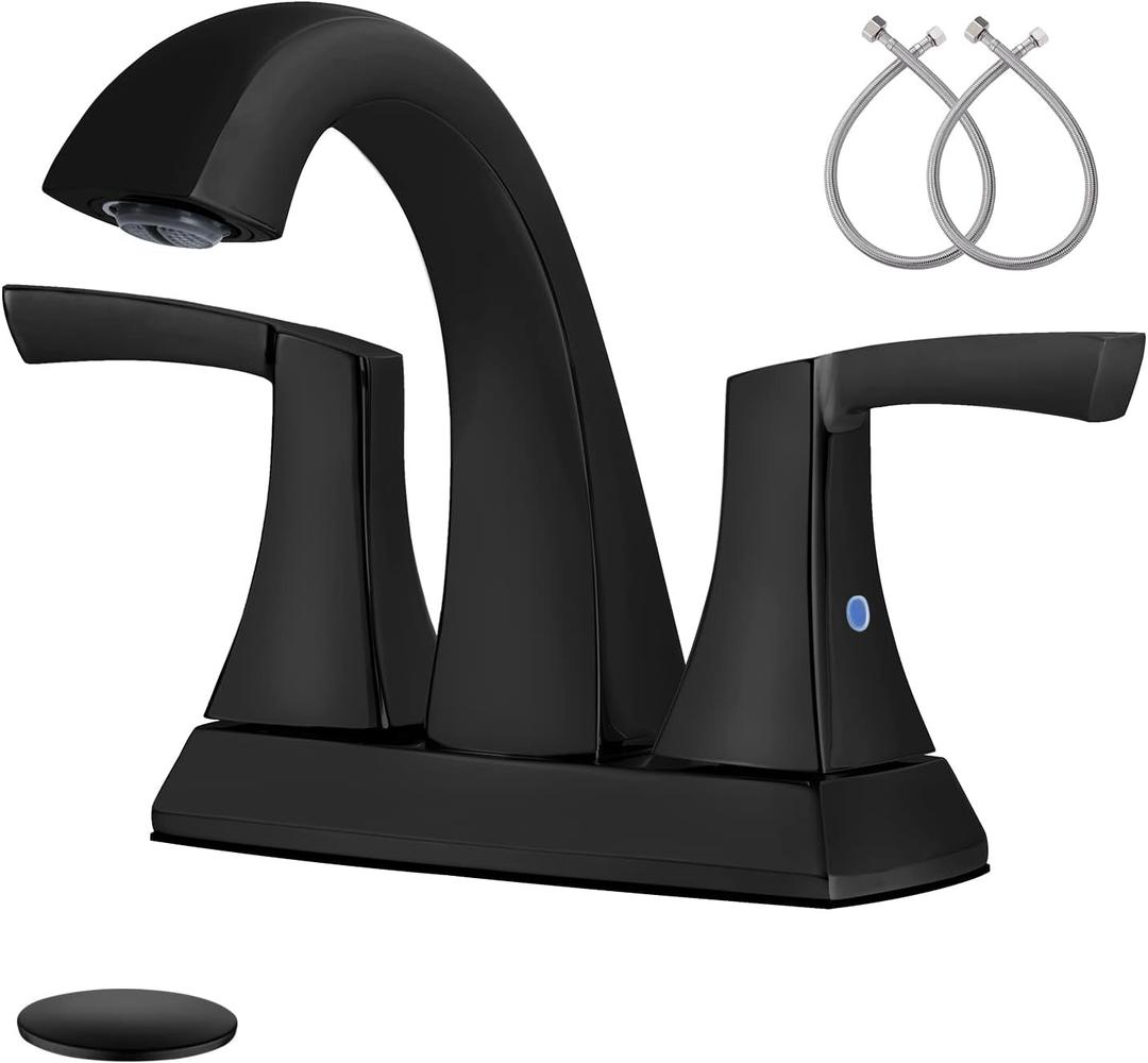 VXV Bathroom Faucet Matte Black, 2 Handles Low Arc Bathroom Sink Faucets, 4 Inch Centerset Bath Lavatory Faucets with Pop-up Drain & Faucet Supply Lines (MB) (Matte Black-4 inches)