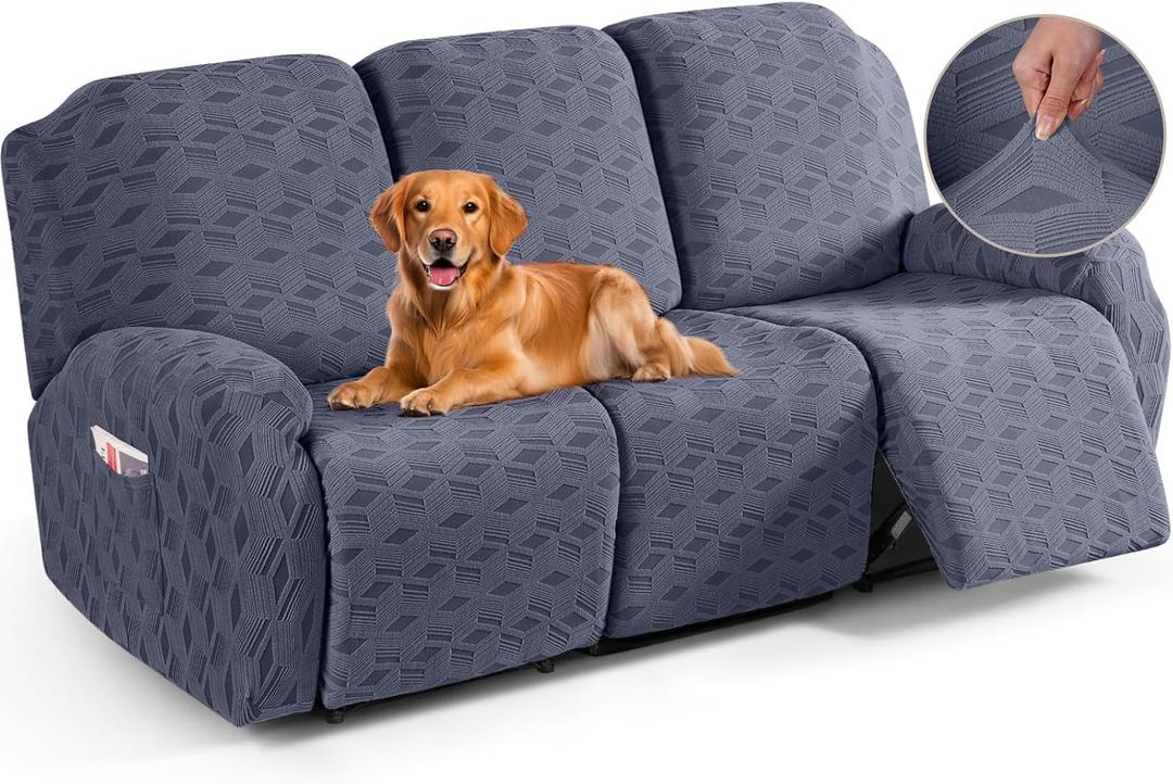 TAOCOCO Recliner Sofa Covers Stretch Reclining Couch Cover, Jacquard Recliner Couch Cover for 3 Seat Furniture Protector Sofa Slipcovers with Elastic Bottom for Kids, Pets (Grey)
