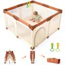 Tinyiota Foldable Baby Playpen, 50x50 Inch Portable Play Yard for Babies and Toddlers with Soft Breathable Mesh, Storage Bag & 2 Pull-Toy Handles for Indoor & Outdoor (Brown, 50x50)