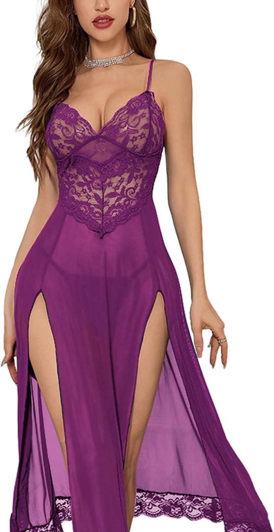 Sexy Split Mesh Lace Floral Sheer Babydoll Lingerie Outfit Dress 2 Piece with Thong Set (Medium, Long Purple)