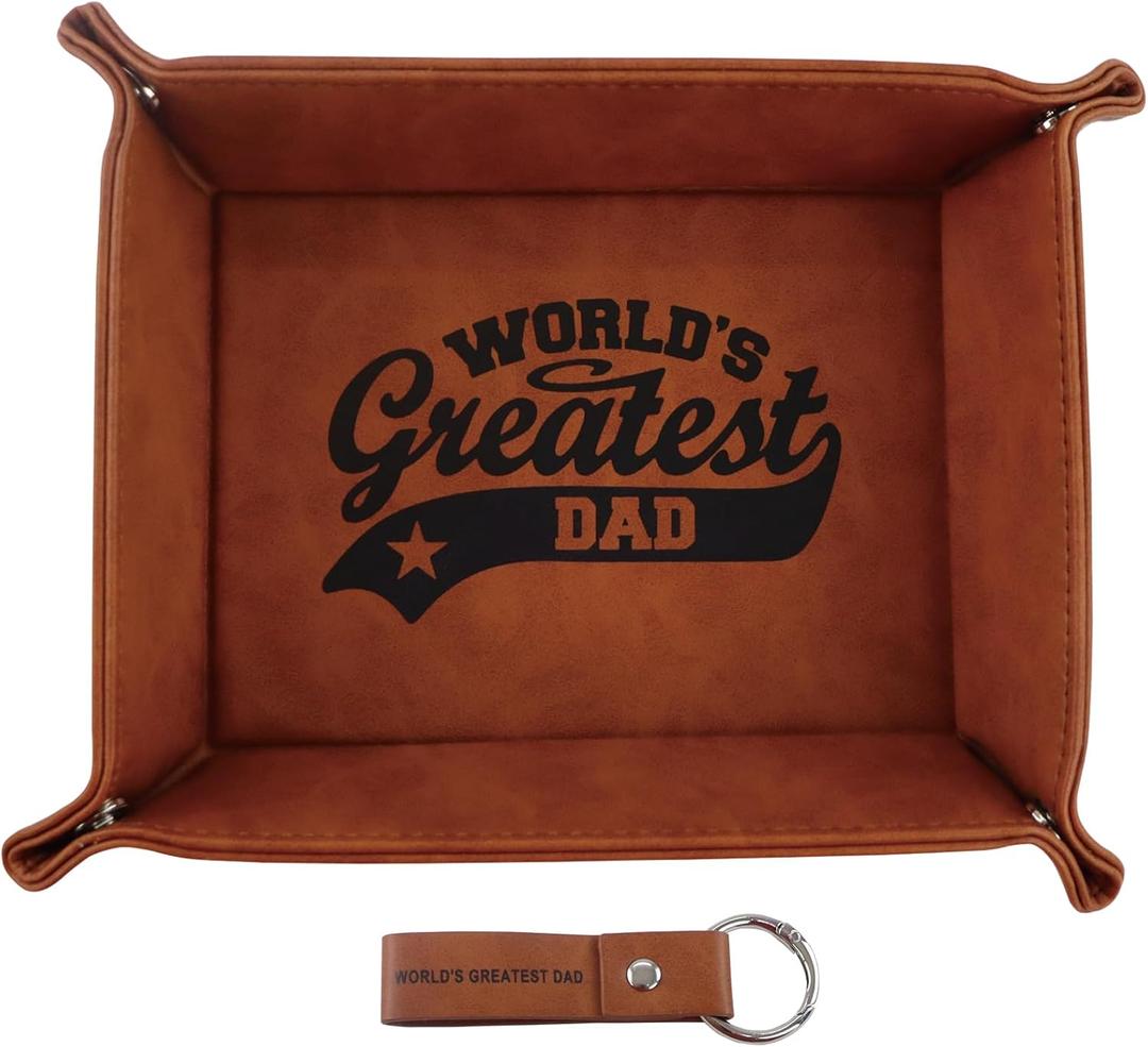 Fathers Day Presents from Son Daughter Kids, Funny Personalized Anniversary Birthday Gift for Dad Men Him Step Dad Papa, Unique Cool PU Leather Valet Tray and Keychain for Dad Grandpa Husband