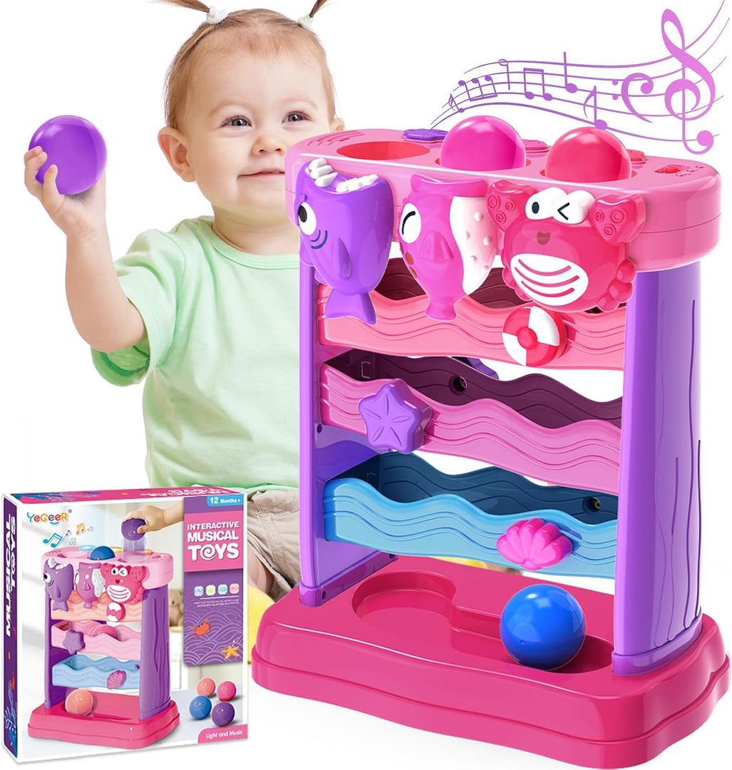 Toys for 1 2 Years Old, Interactive Feeding Toy with Music, Montessori Toys for Girl, Musical Cause and Effect Game for 12-18 Months, Christmas Birthday Gifts for Baby Toddlers Age 1-2 (Pink)