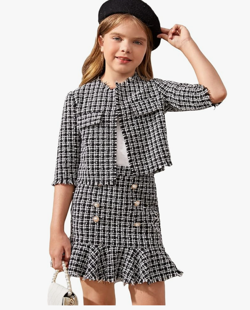 WDIRARA Girl's 2 Piece Outfits Plaid Tweed Half Sleeve Jacket and Ruffle Mini Skirt Set, Size 9Y