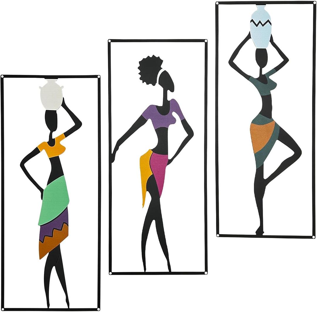 PUDASTO 3 Pieces African Wall Art Decor, Maximalist Hanging African Woman Wall Art, Abstract Metal Wall Art, Ethnic Dance Style Drawing Wall Decor for Home Kitchen Bathroom Living Room Bedroom