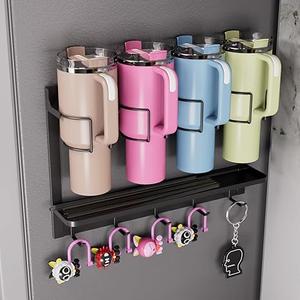 Magnetic Stanley Cup Holder for Fridge 4 Packs, Water Bottle Organizer for Stanley 30&40 oz, Includes Tumbler Lid Organizer and Hook Rack for Stanley Cup Accessories