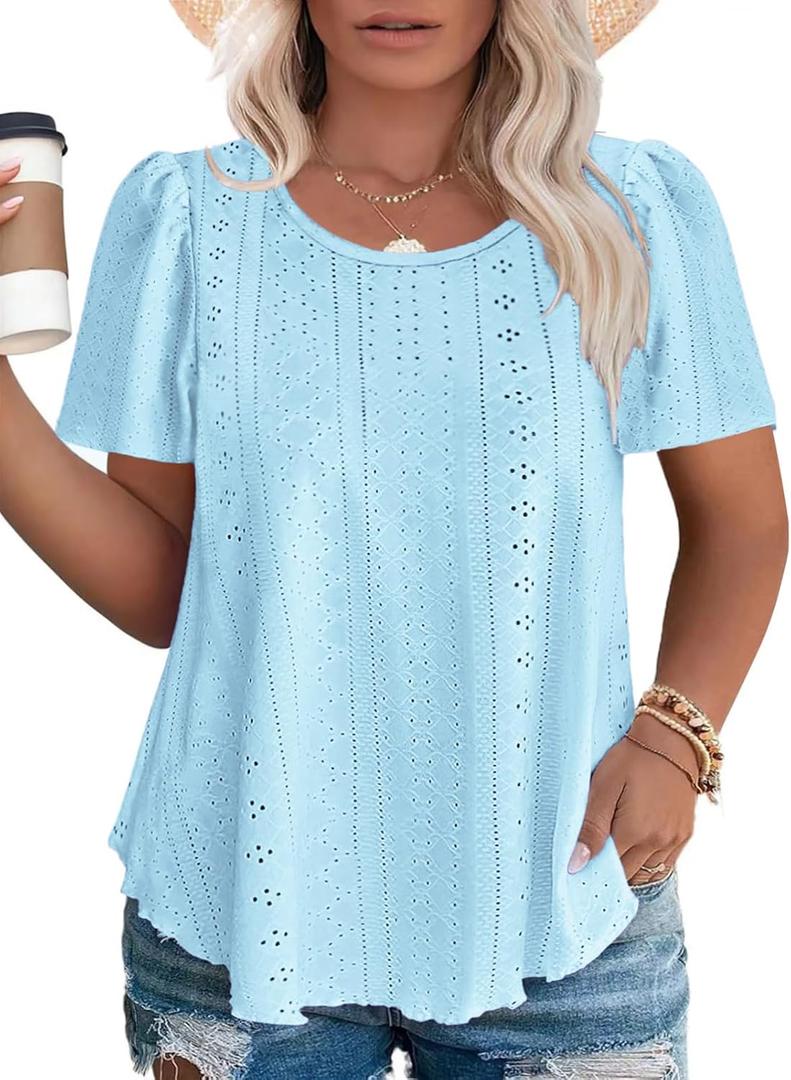 ROSRISS Plus-Size Tops for Women Summer Trendy Eyelet Puff Short Sleeve T Shirts Casual Crewneck Solid Color Tunics 3XL