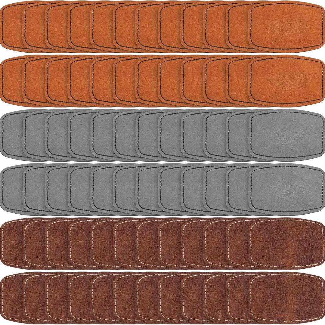 Dunzy 60 Pcs Blank Leatherette Hat Patches with Adhesive Rustic Rounded Rectangle Patch Faux Leather Patches for Hats Costumes Fabric Repair Sew Laser Supplies(Khaki, Gray, Brown,2x3inch)