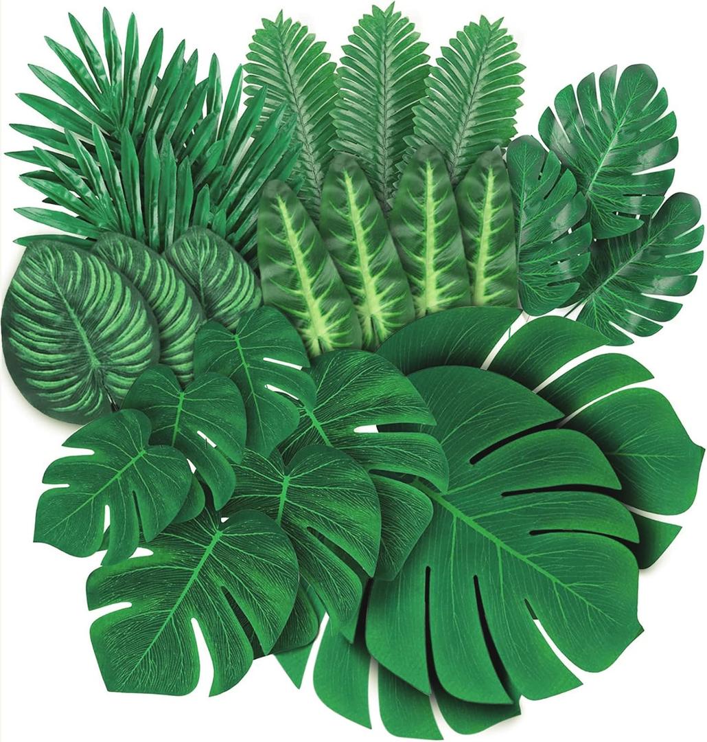 xinlong 78 Pcs 8 Kinds Fake Leaves Artificial Leaves Big Tropical Palm Leaves Monstera Leaf Faux Leaves for Safari Jungle Hawaiian Dinosaur Luau Party Table Decoration Wedding Birthday, Green