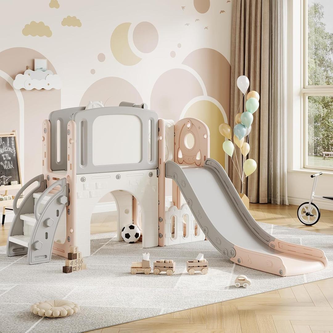 Garvee 8-in-1 Toddler Slide Indoor & Outdoor Playground Playset for Kids-Includes Climber, Basketball Hoop, Telescope, Tunnel, and Storage Space for Backyard & Courtyard Fun