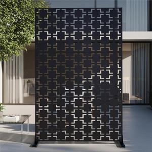 72" Metal Privacy Screen Freestanding Outdoor Room Divider Decorative Laser Cut Fence Panel, Weatherproof Patio Privacy Fence for Garden, Balcony, Backyard Landscape (Black)