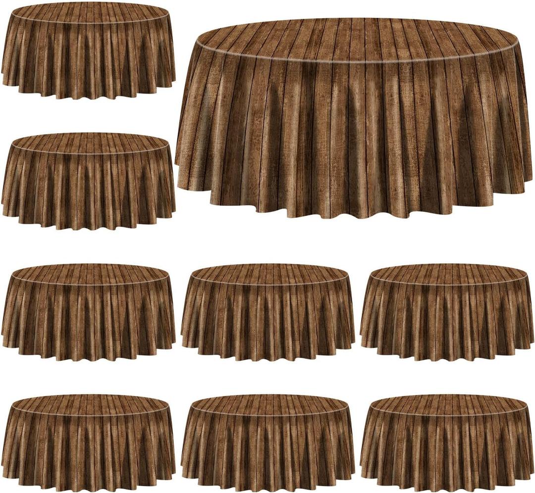 9 Pcs Wood Grain Tablecloths for Round Table Western Party Decorations Plastic Western Party Tablecover for Cowboy Party Decorations Little Cowboy Birthday Baby Shower Vintage Farmhouse, 84 x 84in (9)