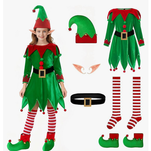 Christmas Girls Elf Costume: 6-Pack Kit Kids Holiday Helper Outfit with Velvet Dress Shoes Hat Belt Sock Ear