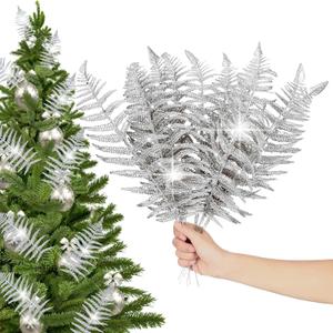 10PCS Artificial Silver Leaf Fake Leaves Glitter Silver Flowers Christmas Wreath Fake Foliage Tree Christmas Picks Silver Decor Wreath Decorations (Silver)