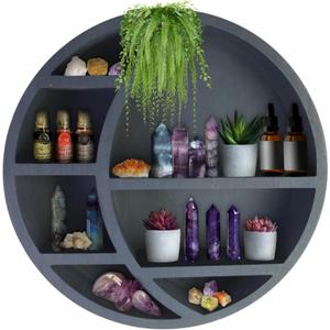 Wooden Crescent Moon Shelf Wall Decor - Decorative Boho Home Hanging Display Shelf for Bedroom, Dorm, Nursery - Easy Mount Storage for Crystals and Essential Oils - 14 x 14 x 3.5 (Navy)