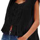 Women Y2k Semi Sheer Blouse Shirt Lace Trim Button Down Short Sleeve Round Neck Casual Going Out Tops Streetwear (Black, L)