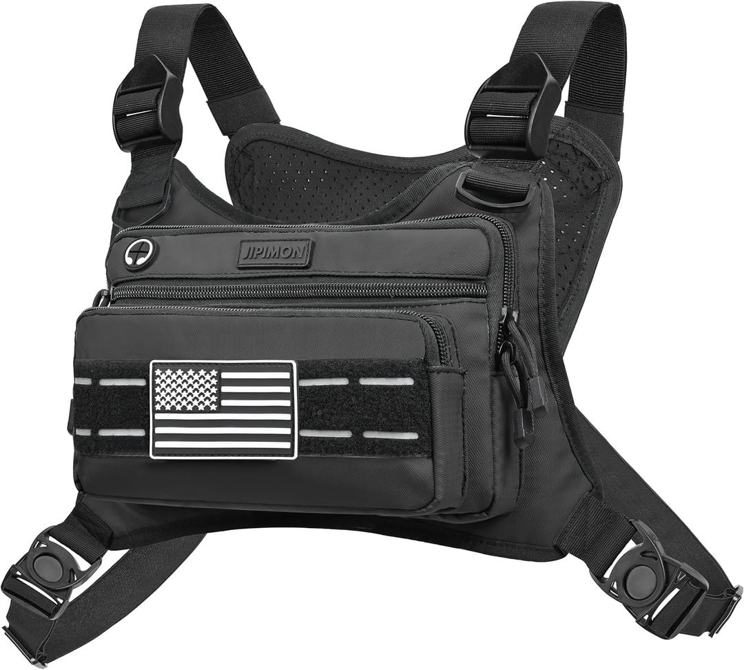 JIPIMON Chest Bag For Men With Extra Storage, Waterproof Outdoor Sports Chest Bag For Running, Cycling, Hiking, Rock Climbing (Black)