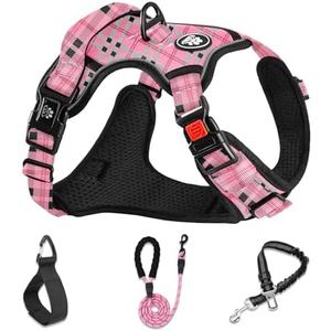 NESTROAD No Pull Dog Harness with Leash, Reflective No Choke Pet Vest Harness,Adjustable Soft Padded Dog Harness with Easy Control Handle for Medium Dogs(Checkered Pink,Medium)