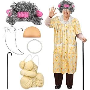 Yaomiao 8Pcs Old Lady Costume Set for Women Fat Suits Grandma Dress Suits Short Sleeve Robe Granny Wig Crutch (Cute Gray Hair, Large)