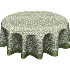 Spring Sage Green Block Print Round Tablecloths 60 inch Summer Green and White Flowers Table Cloth Cover Washable Floral Farmhouse Circle Table Cover Decoration for Dining Kitchen Party Picnic Outdoor