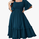 SCOMCHIC Women's Plus Size Maxi Dresses Summer Short Sleeve Square Neck Smocked Wedding Guest Cocktail Boho Long Dress 2XL
