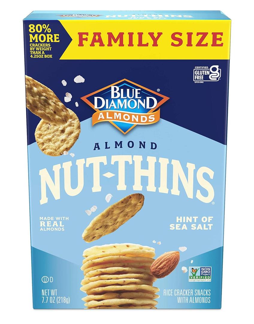 Blue Diamond Almonds Nut-Thins Gluten Free Cracker Crisps, Hint Of Sea Salt, Family Size, Sea Salt, 7.7 oz (Pack of 1) (EXP 02/01/26)