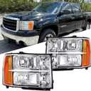 Headlights Assembly compatible with 2007 2008 2009 2010 2011 2012 2013 GMC Sierra 1500, 07-14 GMC Sierra 2500HD 3500HD Head Light Headlamp, Chrome Housing Amber Reflector