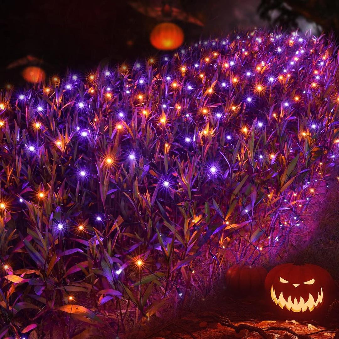 Joomer 12ft x 5ft 360LED Orange Purple Halloween Net Lights Outdoor Mesh Lights, 8 Modes Timer Connectable Waterproof Bush Light Mesh Netting Light for Halloween Outdoor Decorations (Green Wire)