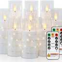Raycare Flameless Candle with Remote Timer 9 Flickering Acrylic Battery Operated LED Pillar Candles with Embedded Star String for Valentine's Day, Home Decor, and as a Gift (White)