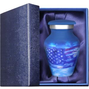 M MEILINXU Small Urns for Human Ashes Keepsake, Mini Urn for Ashes Adult Male & Female, Miniature Decorative Urns, Cremation Container, Blue Sky and White Clouds, Patriotic Flag, Veteran Urn - Little