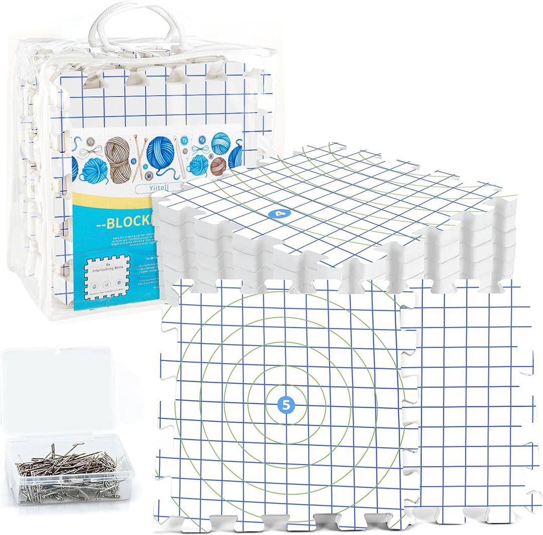 Yiitoll Blocking Mats for Knitting & Crochet, 2 in1 Double Side Knitting Blocking Mat with Grid and Radial, Extra Thick 9 Packs Crochet Blocking Board for Needlepoint with 100 T-pins and Storage Bag