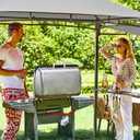 FAB BASED 5x8 Grill Gazebo with Extra Awning, All-Weather Steel Construction, Double Tiered & Resistant Canopy Roof, Metal Serving Shelves, 2 LED, Bottle Opener for Patio, Backyard, BBQ (Light Gray)