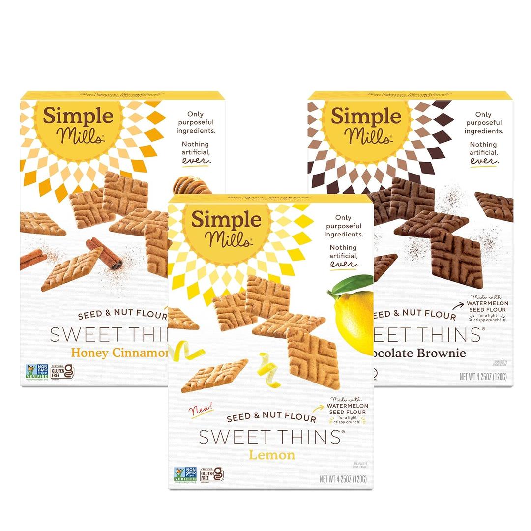Simple Mills Sweet Thins New Cookies Variety Pack, Seed and Nut Flour (Lemon, Honey Cinnamon, Chocolate Brownie) - Gluten Free, Paleo Friendly, Healthy Snacks, 4.25 Ounce (Pack of 3)