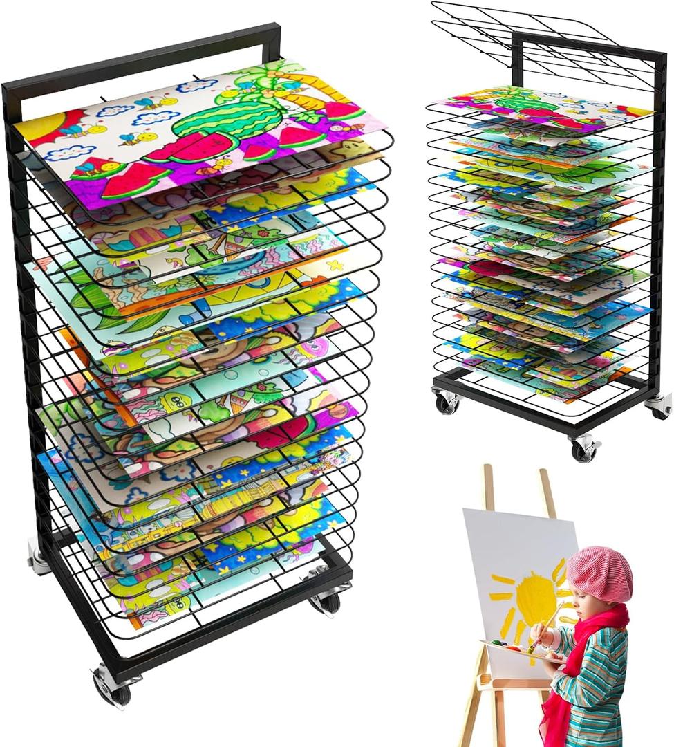 Art Drying Rack for Painting 18 Removable Shelves(A3) Metal,Mobile Lockable Wheels Art Drying Rack for Classroom/Preschool,Watercolor Painting/Paper/Artwork/Studios/Schools(Black)