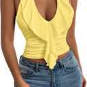 SOLY HUX Women's Ruffle Trim Halter Tops Ruched V Neck Sleeveless Going Out Crop Tops (L)