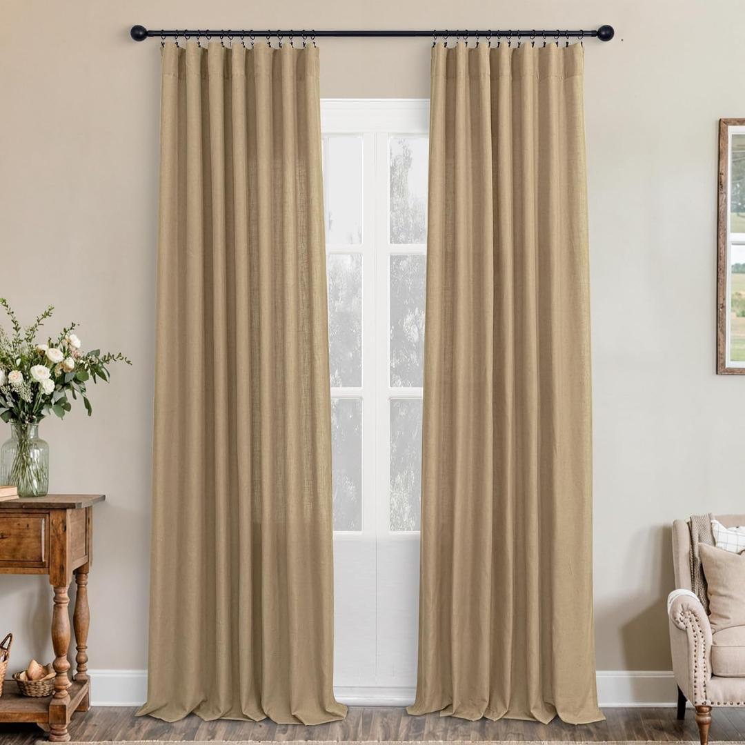 KOUFALL Burlap Curtains Farmhouse,Tan Light Brown Camel 84 Inches Long Sheer Linen Farm House Country Style Rustic Curtains for Living Room Bedroom (52"W x 84"L (Pack of 2))