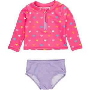 RuffleButts Baby/Toddler Girls Long Sleeve Rash Guard 2 Piece Swimsuit Set w/UPF 50+ Sun Protection with Zipper (8 Years, Colorful Hearts)