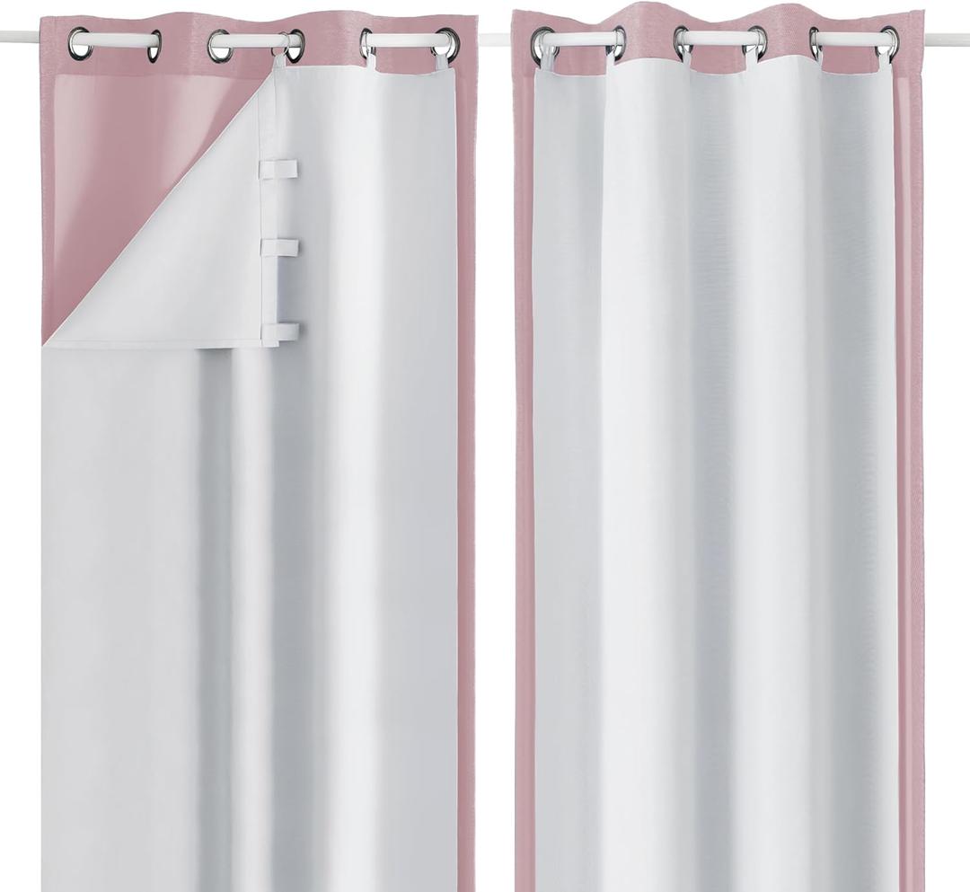 Simplebrand 100% Blackout Curtain Liner for Bedroom, Thermal Insulated Blackout Liners for 63 Inch Behind Curtains, 2 Liners Per Set with 14 Pieces Rings, Each 40" W x 58" L, Greyish White