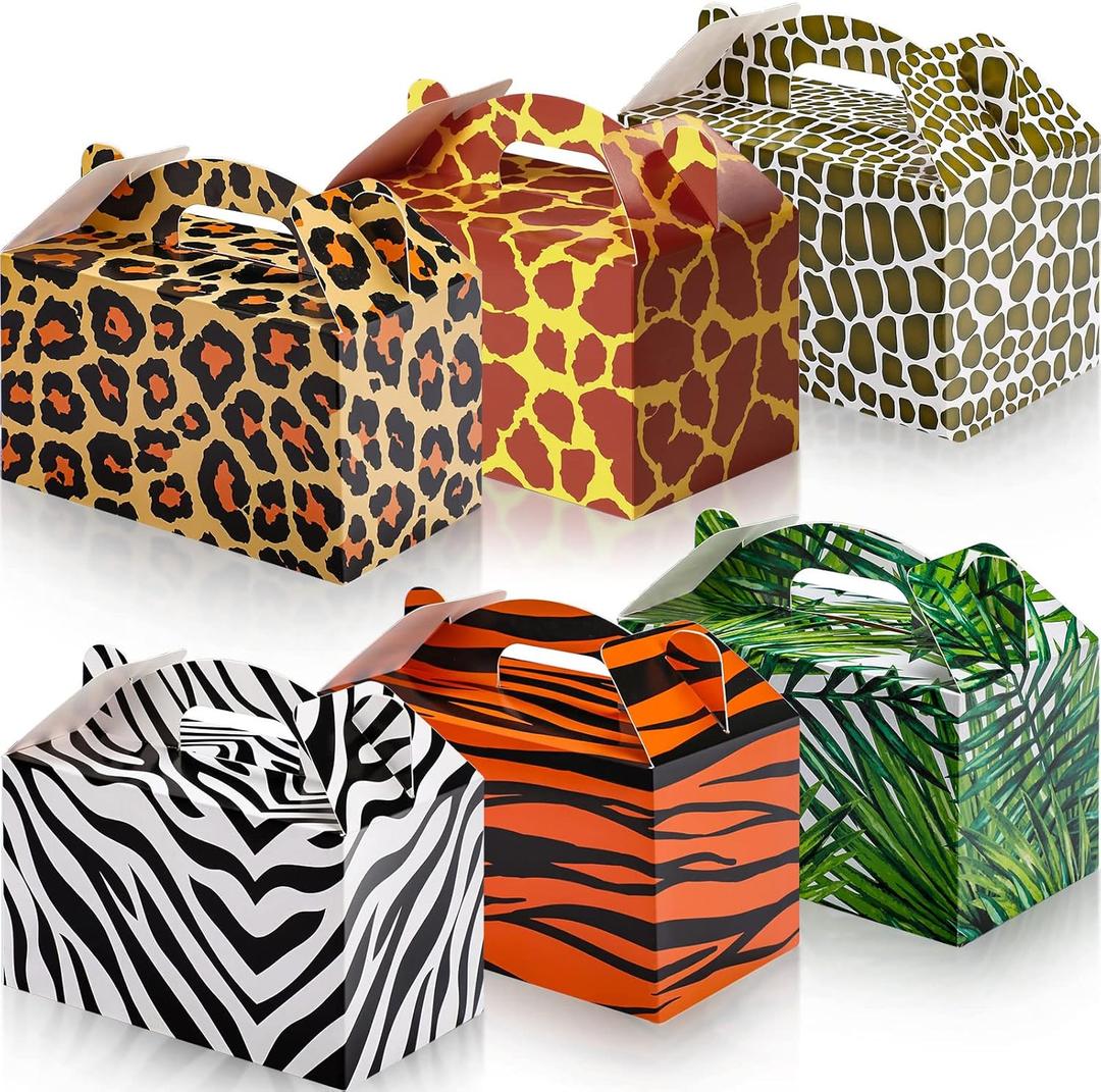 Spakon 24 Pcs Safari Gift Bags Bulk Jungle Animal Party Favor Boxes Zoo Animal Print Gift Goodie Candy Bags Paper Wildlife Treat Boxes for Kids Safari Themed Birthday Baby Shower Decoration Supplies