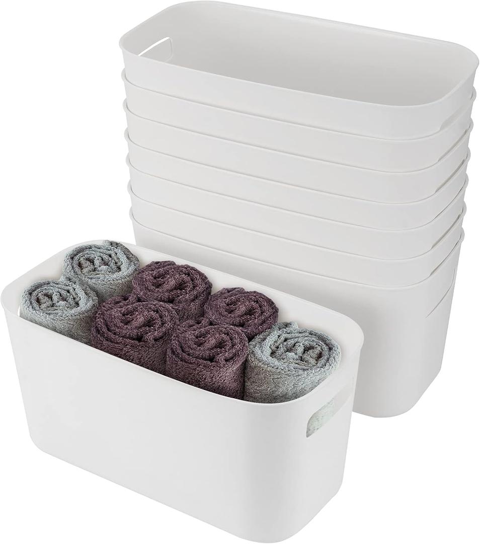 SEUNMUK 8 Pack 11x6x6 Inch Long Bathroom Vanity Plastic Organizer Storage Bin Tote with Handles, White Plastic Storage Bins for Kitchen Pantry, Bathroom, Bedroom, Laundry, Vanity Room