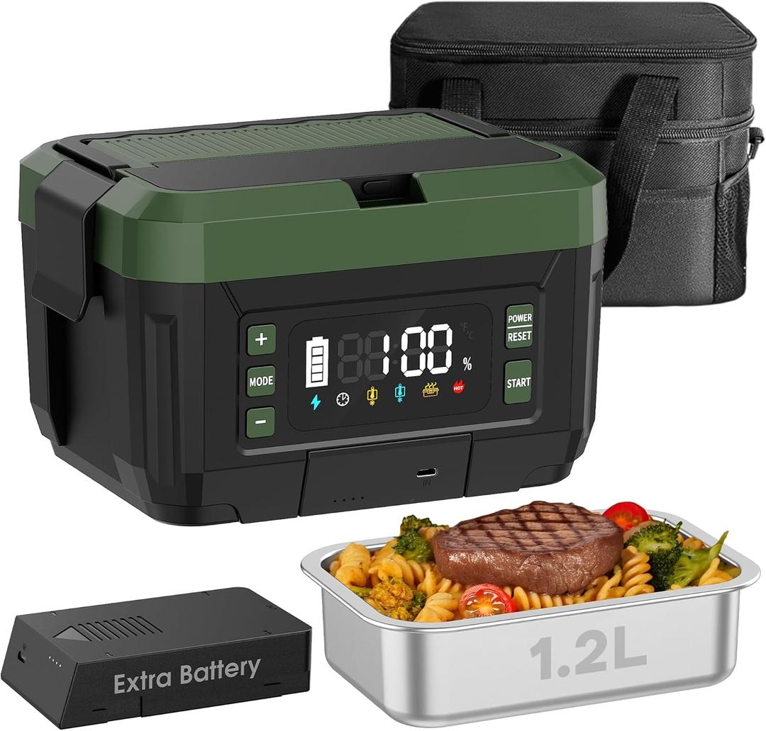 Cordless Electric Lunch Box for Adults  1.2L Stainless Steel Self-Heating Lunch Box with Dual 20000mAh Removable Rechargeable Batteries, Portable Heated Food Warmer for Work, Travel & Office