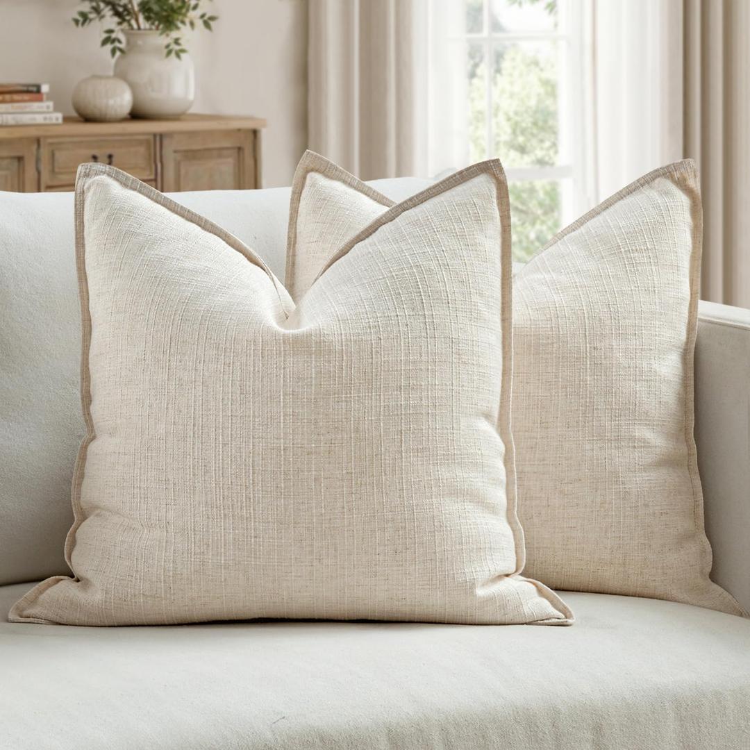 MIULEE Euro Sham Pillow Covers for Bed 24x24, 2 Pack Natural Beige Thick & Textured Decorative Throw Pillow Covers, Neutral Linen Cushion Cases, Modern Farmhouse Home Decor, No Filling