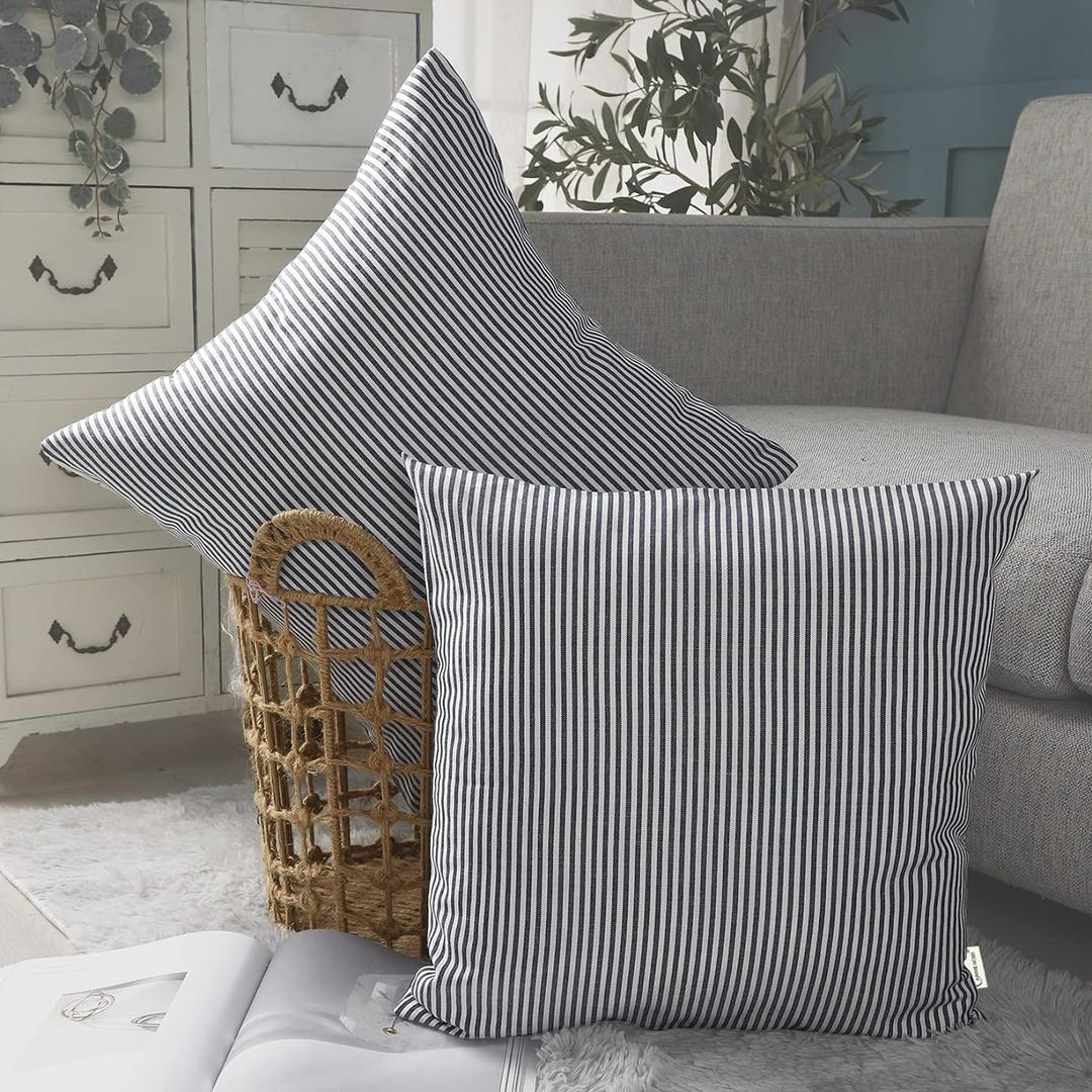 CARRIE HOME Blue White Farmhouse Striped Pillow Covers 18x18 Set of 2 Navy Blue Farmhouse Decor Pillows for Sofa Bedroom Chair and Christmas Decoration