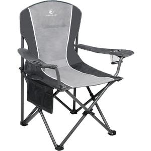 ALPHA CAMP Oversized Camping Folding Chair - Heavy Duty Steel Frame Support 350 LBS, Collapsible Padded Arm With Cup Holder, Quad Lumbar Back, Portable for Outdoor/Indoor (Black Grey)