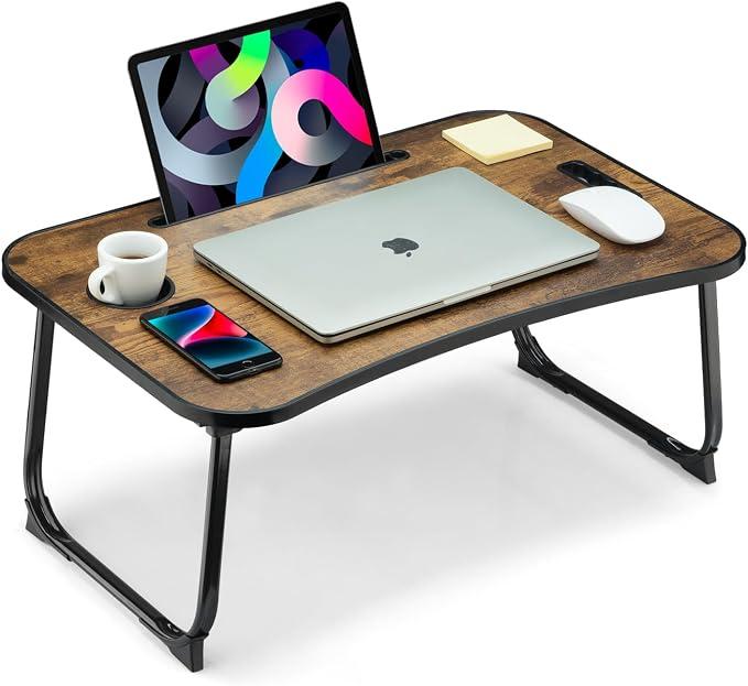 Foldable Lap Desk, Laptop Bed Desk, Portable Lap Table, Laptop Bed Table with Cup Holder & Tablet Slot & Lifting Handle for Working Writing Drawing & Eating - Gray Wood