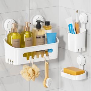 LEVERLOC Shower Caddy Suction Cup Set Shower Organizer & Soap Holder & Toothbrush Holder, Bathroom Shelf Basket NODrilling, Removable Suction Storage Waterproof Bathroom Caddy, White