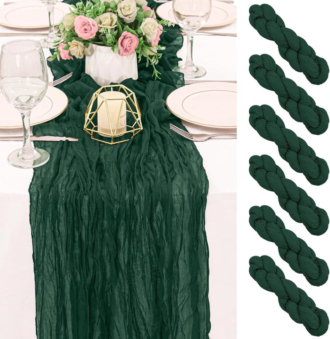 6 Pack 120 Inch Dark Green Cheesecloth Table Runner Boho Rustic Gauze Sheer Romantic 10 FT Long Cheese Cloth Table Runner for Bridal Baby Shower Wedding Party Birthday Holiday Home Easter Decor