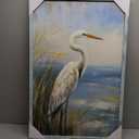 Heron Wooden Framed Wall Art: Coastal Beach Picture Sea Bird Painting Large Blue Seascape Artwork Ocean Seashore Prints for Bathroom Bedroom Living Room (36L" x 24W")