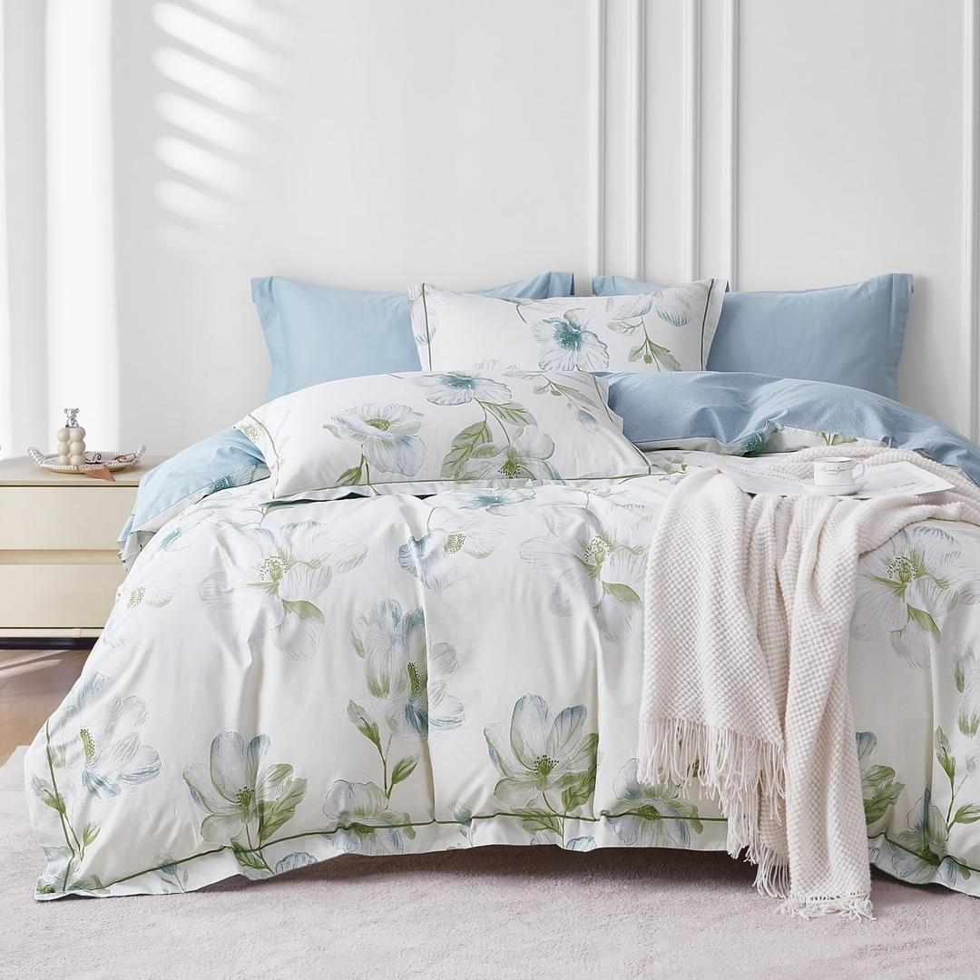 Daite King Size Duvet Cover Set, White/Green Flower Pattern