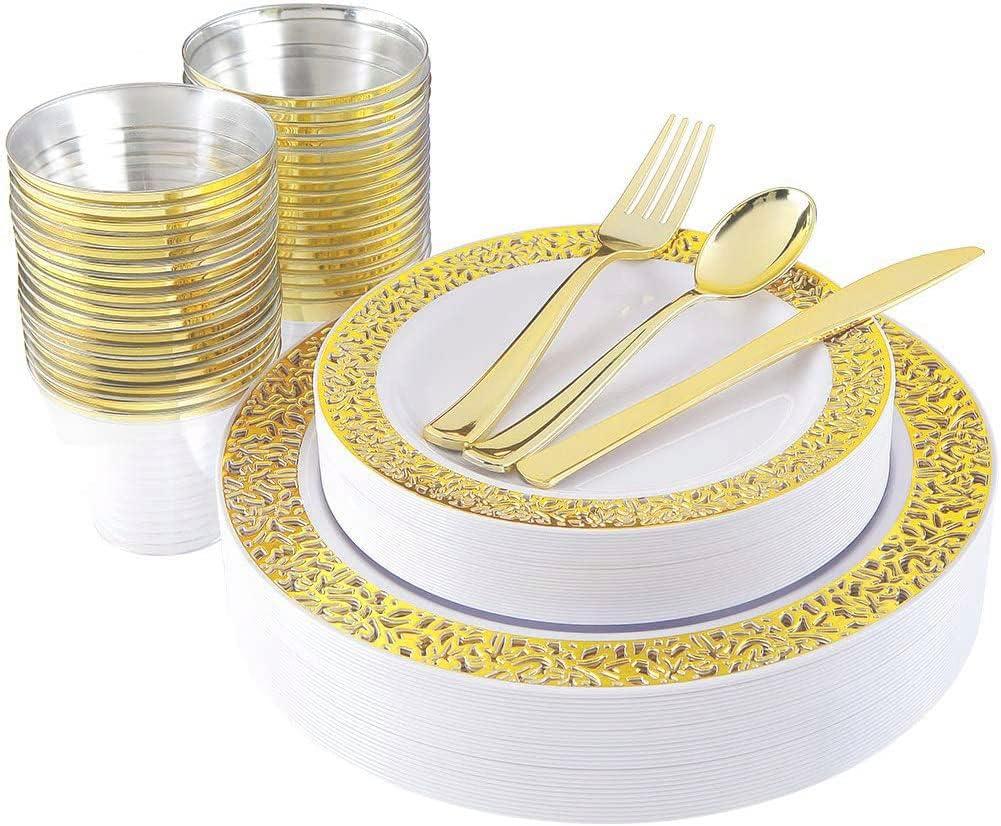 supernal Elegant Gold Lace Disposable Dinnerware Set, 180pcs Banquet Set  30 Round Plastic Dinner/Dessert Plates, 90 Gold Plastic Cutlery & 30 Goldden-Rim Clear Tumblers  Wedding, Party, Birthday