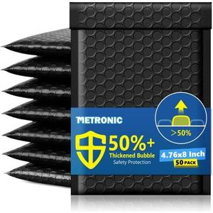 Metronic Extra Deep Bubble Mailers Usable Size 4x7" 50 Pack Padded Envelopes 4.76x8" Self Seal Adhesive Waterproof bubble envelopes Shipping Bag for Sports Cards, Jewelry, Small Business,Black,#000